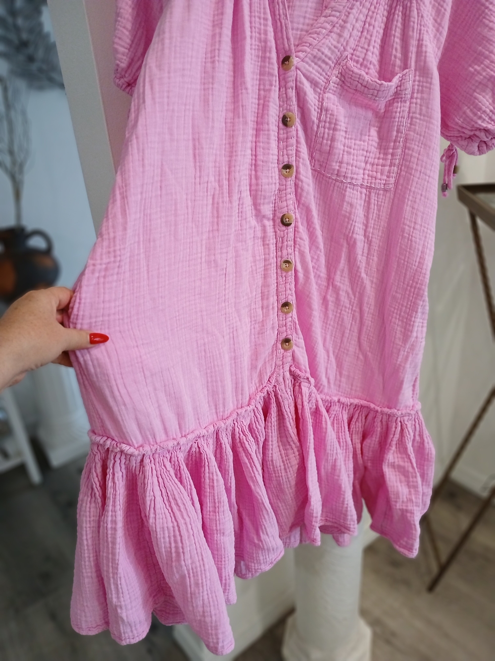 Free People Pink Button-Down Ruffle-Hem Casual Dress - Picture 2 of 6